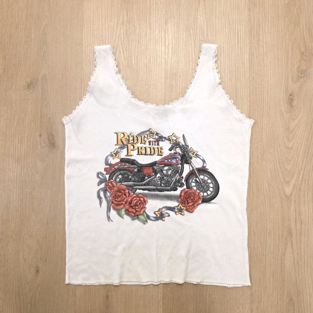 Vintage CMJ White Motorcycle Ride With‎ Pride Y2K Lace Trim Tank Size Medium